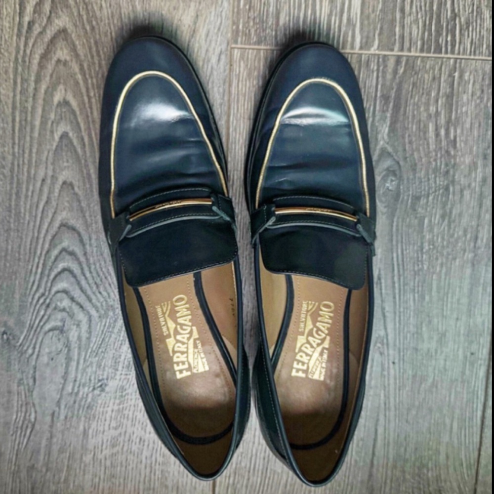 Salvatore Ferragamo Women’s Slate Blue and Gold Loafers